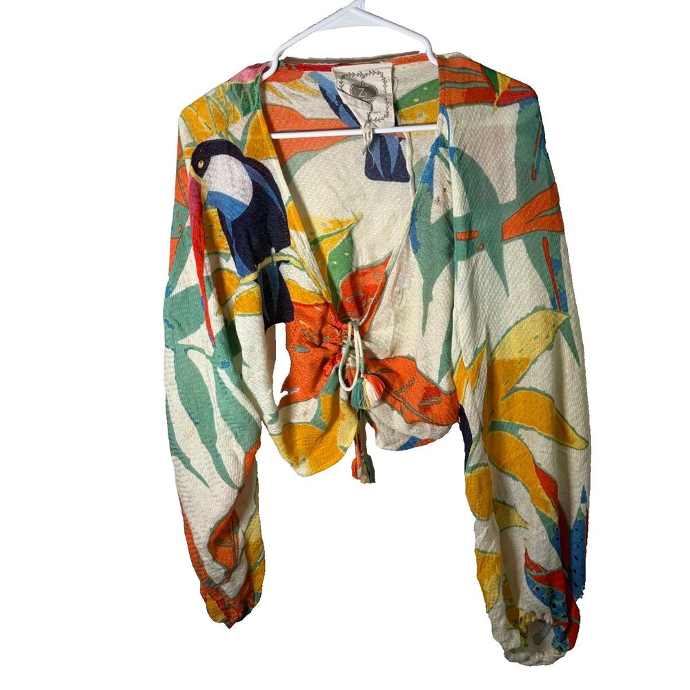 Z&L Blouse Women's Medium Cropped Bird Printed Floral Tropical Casual Top